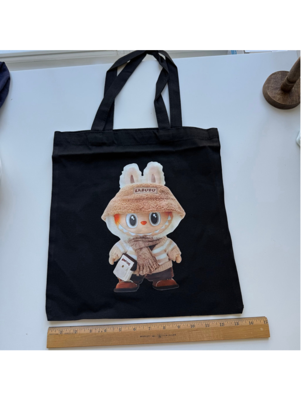 Labubu Character Black Canvas Tote Bag Bunny Outfit Kawaii Shopper NWT